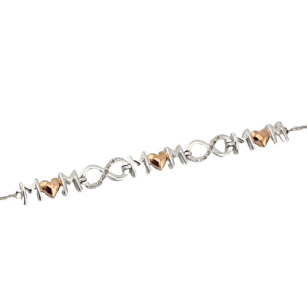 Sterling Silver "Mom" Bracelet w 14 kt Gold Overlay Hearts  & Infinity Symbols